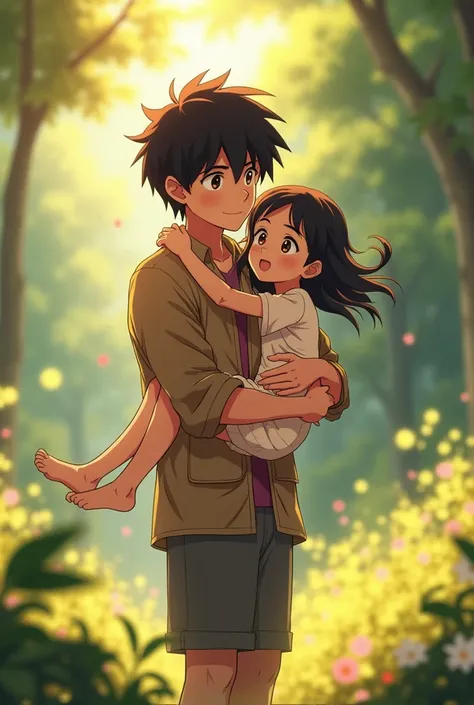 a handsome anime boy, black hair, carrying a young girl