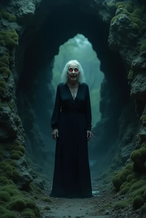 An old woman in a black dress is in the mouth of a cave with a gloomy atmosphere, red eyes, smiling face with fear