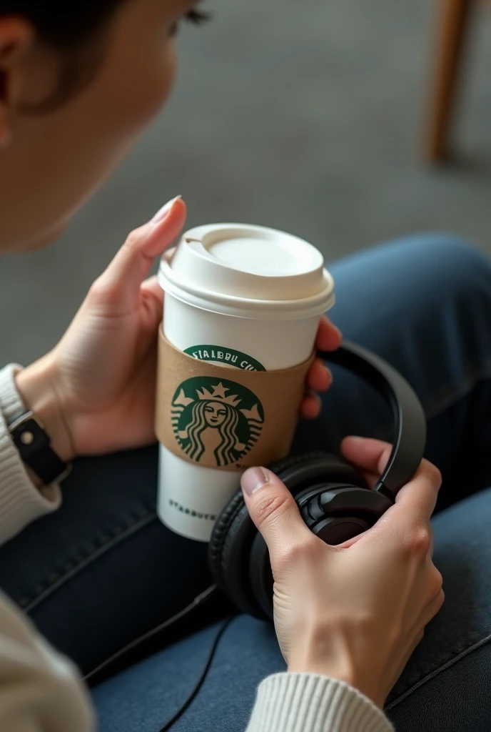 Place your right hand on the earphones，Holding a cup of Starbucks coffee in the left hand