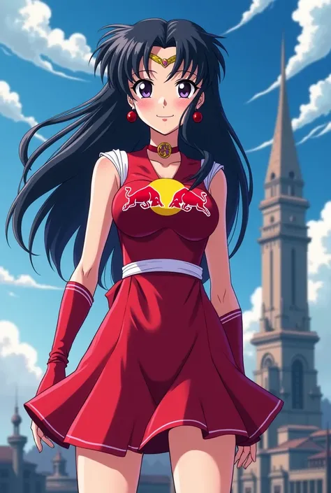 original art, Sailor saturn, sailor moon, red bull dress, Red Bull logo on the chest, Smiling, Alone, Tower in background, anime, Tomoe Hotaru, lila rock