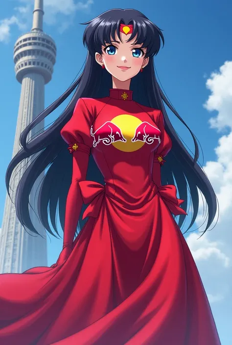 original art, Sailor saturn, sailor moon, red bull dress, Red Bull logo on the chest, Smiling, Alone, Tower in background, anime, Tomoe Hotaru, lila rock