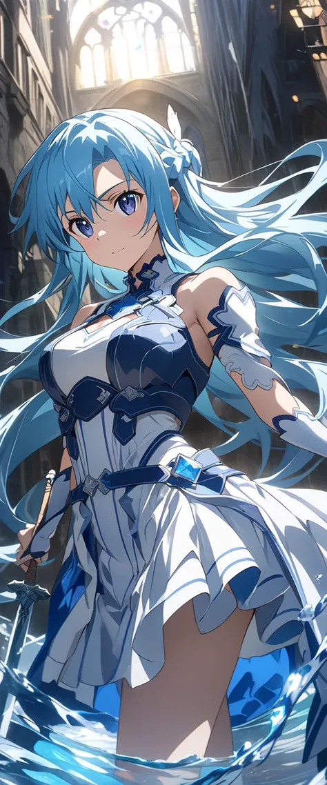  Hi-Res　   high quality  　　(    Yuki Asuna   ) (Asuna) (       sword art online   )　  long髪　、light blue、 SAO
Highly detailed  ,  hair color is light blue
The color of the clothes is also light blue and white、
zone、
 Abstract Expressionism  ,   anime style ...