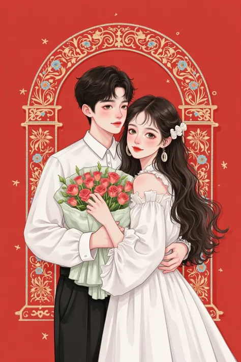 Minimalist, Chinese style illustration, solid color background, vector centered composition, couple embracing each other, floral architecture as background decoration, abstract painting, delicate details, full of imagination 