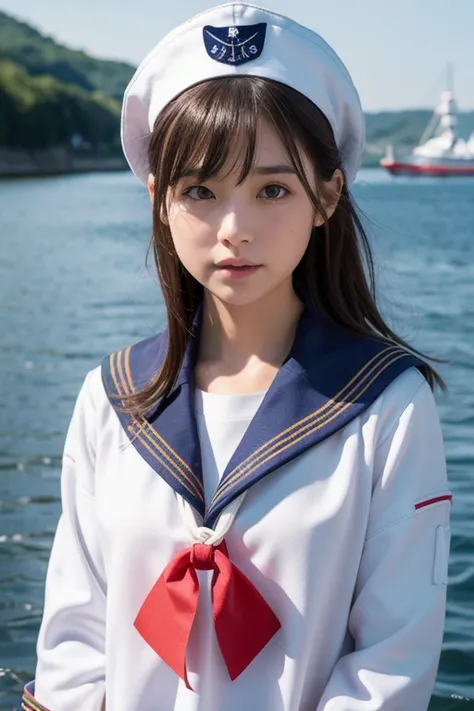  top quality,  face focus,  soft light,   ultra high resolution, ( photo realistic sailor suit hem:1.4),  RAW photos ,  1 Japanese girl, solo,  cute, background is Secret Laboratory 