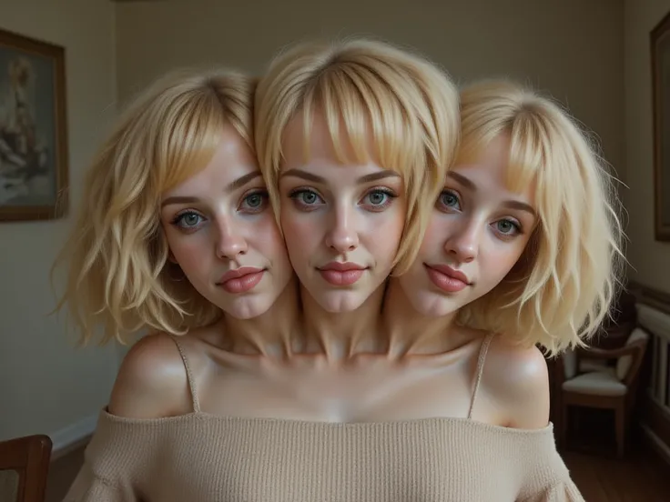 3heads, 4heads, 5heads, blue eyes, pair of conjoined sisters, 20 year old five-headed girl , very pale skin, blonde hair, grin, three-headed girl, many-headed, pigtails, beautiful face, young, beautiful face, pale skin, parts, blonde hair, Blue eyes, full ...