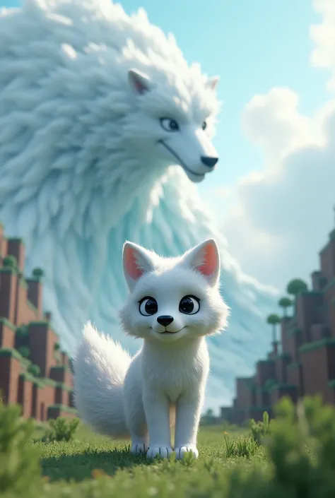 Minecraft background minecraft world and real north wind should be in the background and the fox in minecraft skin should be white fox eyes black and animated and also in 3D form 