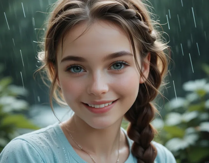 A close-up of a young girl with braided hair smiling softly, her face illuminated by soft natural light as rain falls gently in the background, creating a serene and dreamy atmosphere, cinematic style, detailed, 4k resolution.