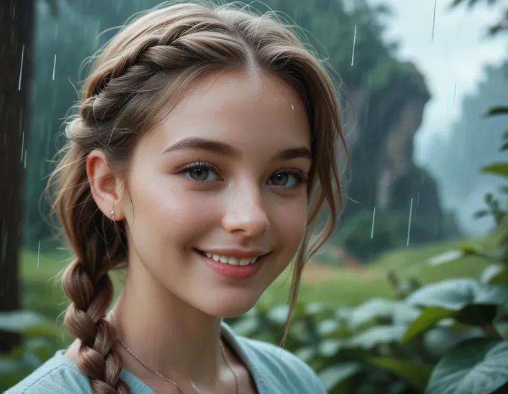 A close-up of a young girl with braided hair smiling softly, her face illuminated by soft natural light as rain falls gently in the background, creating a serene and dreamy atmosphere, cinematic style, detailed, 4k resolution.