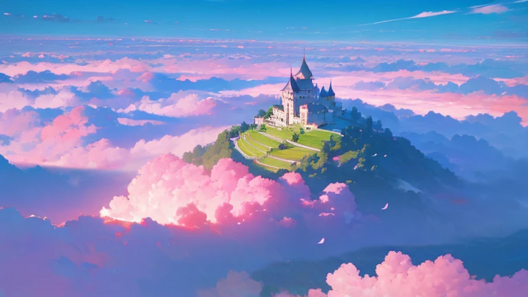 Magical castle landscape water lake pink clouds and beautiful valley