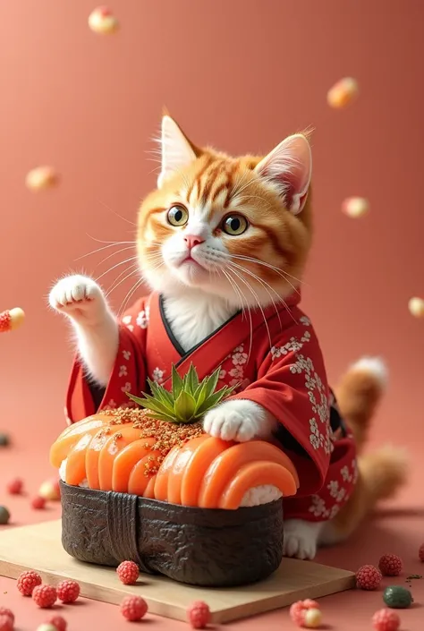  a fantasy world of cat-shaped sushi 。 a red, brown, and white cat in the center of the screen 、 is super huge, a color larger than the body 々 sitting on a cat-shaped sushi with a 。Wears a kimono 、The kimono has a sushi pattern 。The background is a color 々...