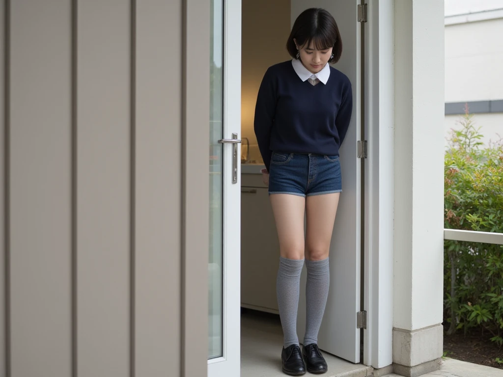 Japanese school girl、 Please stand by the front door of the house 、  full body view、 short hair、Long legs、black hair、beautiful feet、 She has flashy earrings in both ears  、 Navy blue long sleeve jknit、 white collar shirt、  grey knee-high socks and leather ...