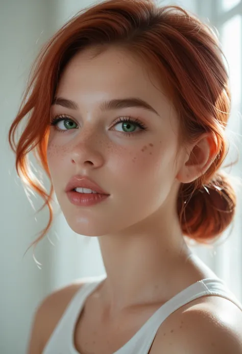 A hyper-realistic close-up of a young woman's face showcasing striking blue-green eyes, a dusting of freckles across her fair skin, and soft, slightly parted lips, with vivid detail capturing the texture of her skin and delicate strands of red hair framing...