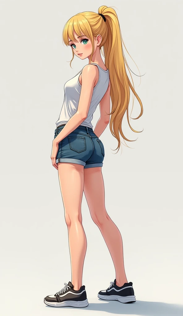 A girl [appearance= "Long blonde ponytail with bangs", " ojos azules", "height: 165 cm", " curvilinear"] [Clothes= "cowboy shorts", " tank top ", " sneakers"] ( Full Body View )  illustration, Anime 4k,  Precise,  super detailed ,  high details,  high defi...