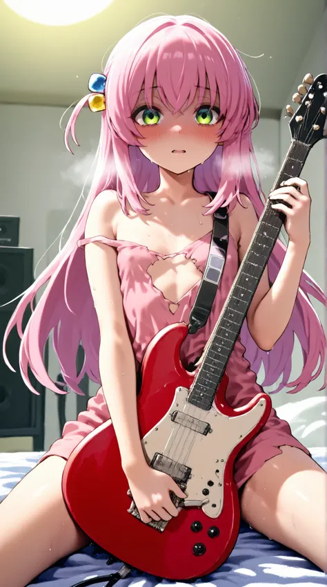 A ager name Bocchi ready to play her guitar, the excitement is so overwhelming, she lays down onto her kneews, she is sweaty, steamy a blushing. She has green eyes, (glowing green eyes, she has a long pink hair, (slender, flat chested), she is in her room ...