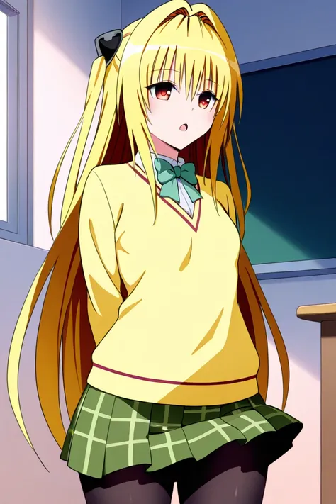  1 girl, one,   long hair,   open mouth ,  in school uniform,  green skirt , yellow sweater , черных  pantyhose,  open eyes,  calm face, disturbances, reddening ,  is worth, classroom background, love-ru , konjiki na yami,  1girl,  red eyes,   yellow hair,...