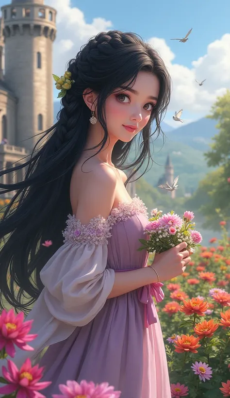    long black hair braided on one side   。  dark purple eyes 
Scene of taking care of flowers in the castle's beautiful garden。 she has a gentle smile 、 The black hair is flowing gracefully 。 wears a gorgeous dress 、Colorful flowers around々Blooming in prof...