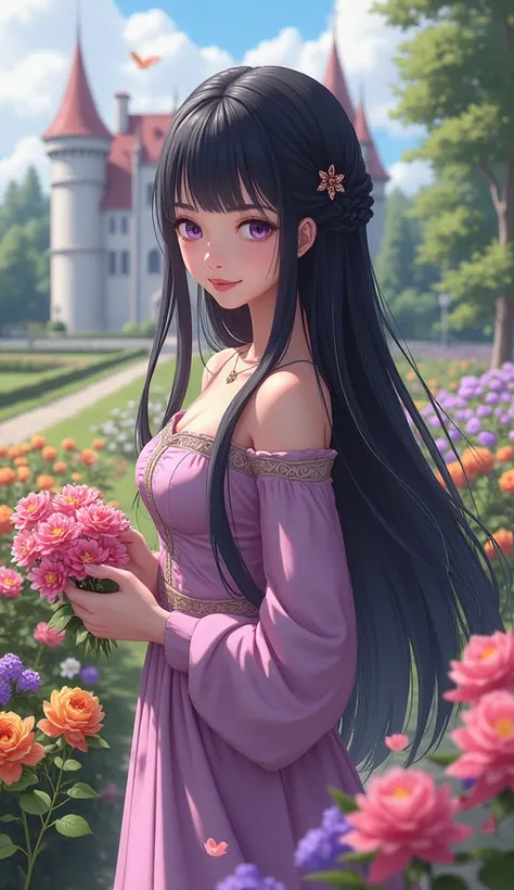    long black hair braided on one side   。  dark purple eyes 
Scene of taking care of flowers in the castle's beautiful garden。 she has a gentle smile 、 The black hair is flowing gracefully 。 wears a gorgeous dress 、Colorful flowers around々Blooming in prof...