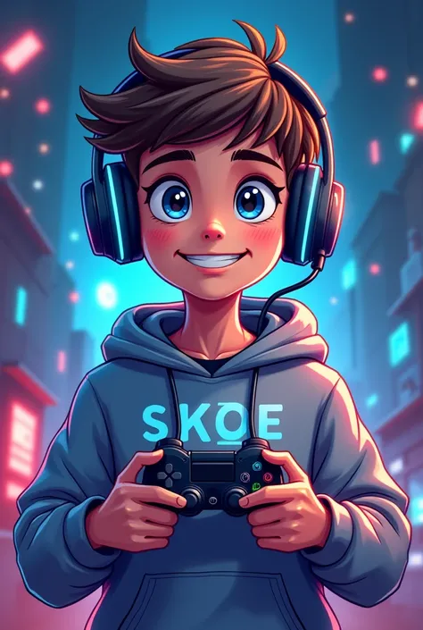 Create me a mascot logo where the mascot is a gamer boy who wears a gray and blue sweatshirt and who has gamer headphones and a video game controller in his hands and who has the word KOE 