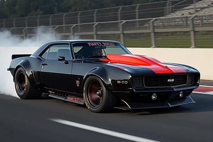 69 chevy camaro, wide body, lowered, painter black with red race stripes