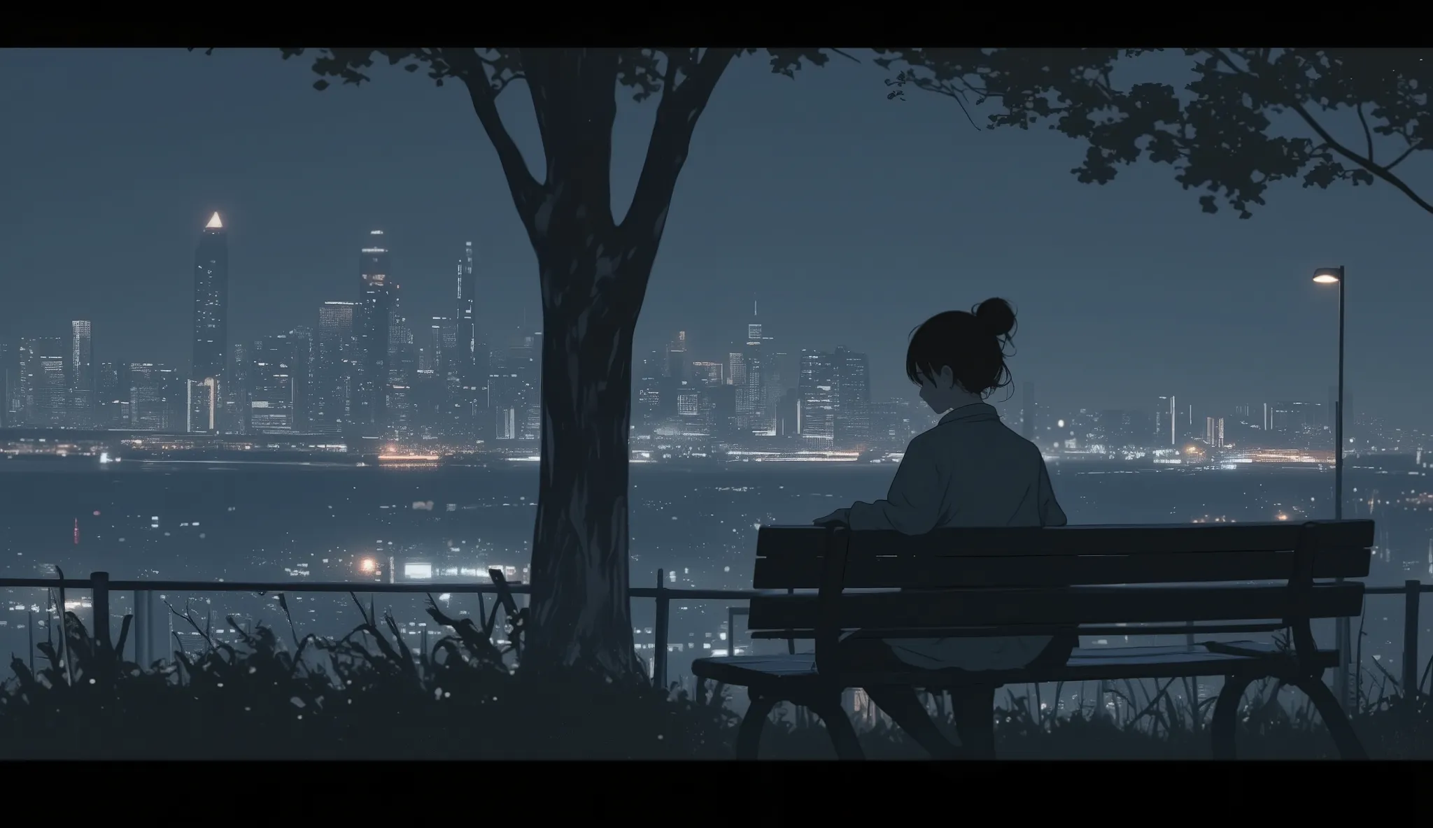   beautiful woman sitting lonely on a park bench at night comes up vaguely.  atmosphere:  as if you could see it, but you can't.Midnight city drive、You can see the cityscape from the driver's seat、The woman who is driving has her hair bundled up at the bac...