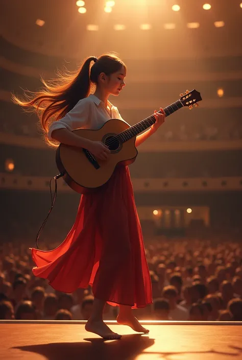 Girl playing guitar, on stage in the mass hall 