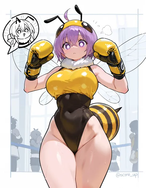 1 anthro girl, bee costume, high leg, boxing gloves, curvy, '.', round eyes, frowning 