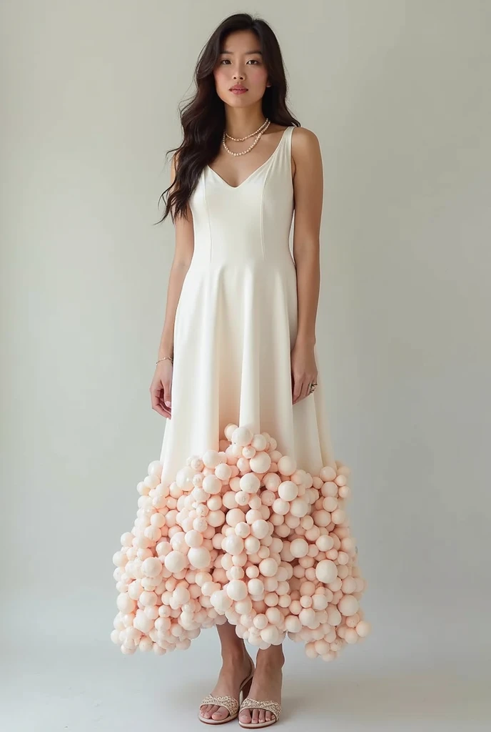 A dress design that is  free size with puffed form on the bottom of the dress and it has a sleeve that has also a puffed  form on the calf and it has  a belt