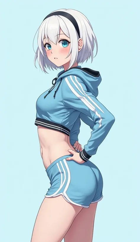 A girl (appearance:  white hair,  ocean blue , pale skin,  Athletic body,  good legs ,  round butt, 1,65m) ( Apparel: Casual sportswear) ( Full Body View )  illustration, Anime 4k,  Precise,  super detailed ,  high details,  high definition, Chiaroscuro 