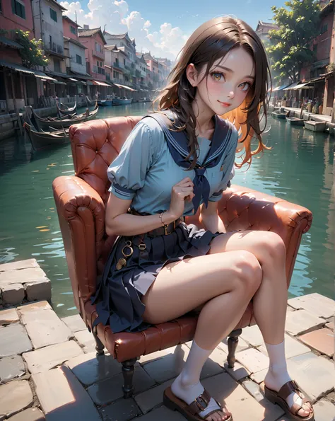 smiling adorble woman, sitting on marble chair, canal background, nice sky, southeast asia landscape, BREAK, (forehead, long straght hair,  dark reddish-brown hair), BREAK, ((light-blue short sleeves collared shirt, peach-orange short puff sleeves blouse, ...