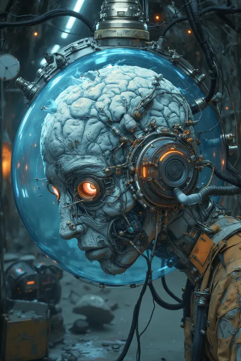  Secret Laboratory , close up of the brain cultured outside the body in an aquarium , Cable Connected to the Brain ,Secret Dangerous Experiment , illogical, discarded electronics  ,junk, ultra realistic configuration , surreal style in Las Vegas, neo-surre...