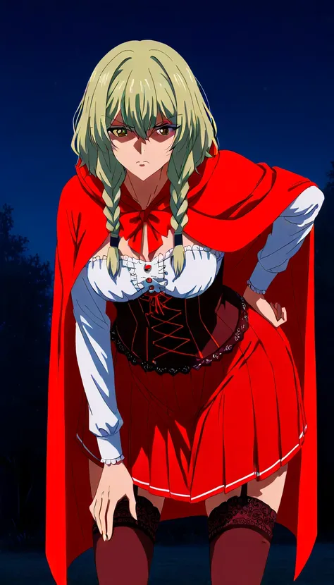 Modern Anime style , Milinial body, Red Riding Hood, Serious face, stockings, standing, adult woman, hand on the hip, skirt , Bright drawing, night, Decollete , medium breasts, corset, solo, Braided, Older  woman, bent over, 