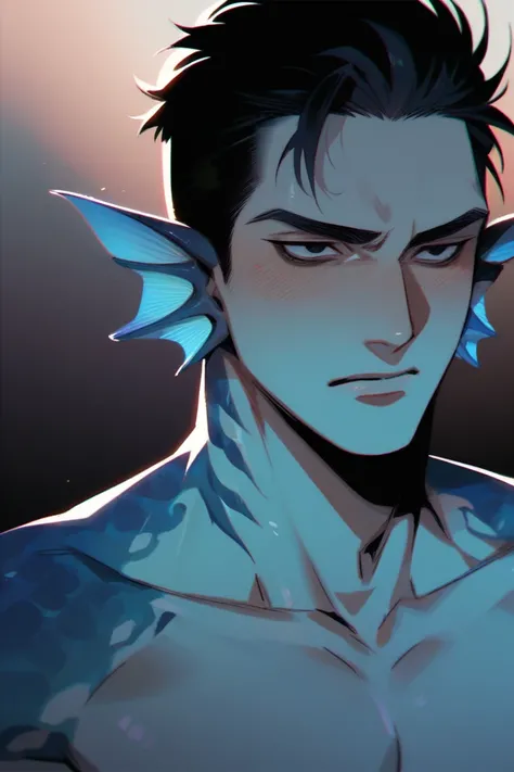 Humanoid sea monster man. Half-human man, half sea monster. Fins ears. Blue scales on bluish skin. Dark hair. Intimidating and dominant. Black eyes. Shirtless. Dark, Eerie, and Psychopathic theme.