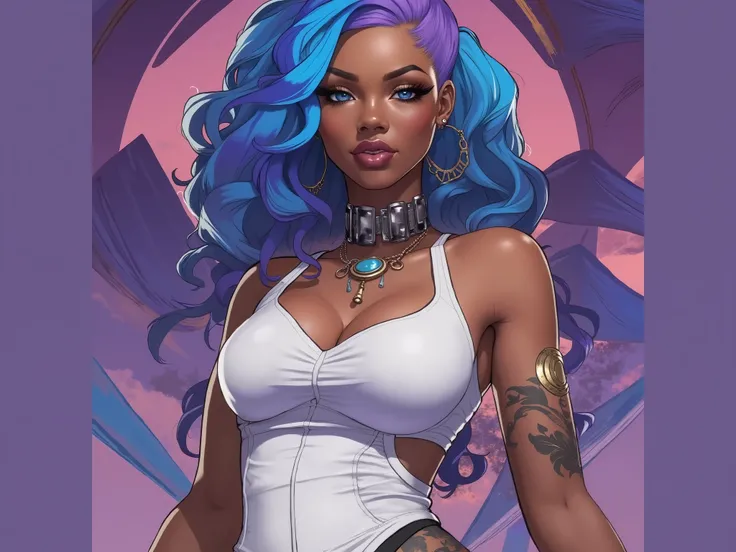 Create an anime-style illustration of a confident, sexy black woman with blue and purple highlights in her hair. She should be depicted in a full-body pose, showcasing a stylish outfit that accentuates her figure. The background should complement her color...