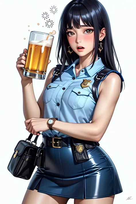   ((1 beautiful Japanese woman :2.0)),( supermodel body:1.2),(Drunk_Hiccups hic hic:1.4),real skin ,small breasts, long black hair, Super Detailed Black Eyes,( beautiful face:1.5),( Black Leather Police Belt w/ Pouch:1.3),(sleeveless police shirt:1.5),(Ult...