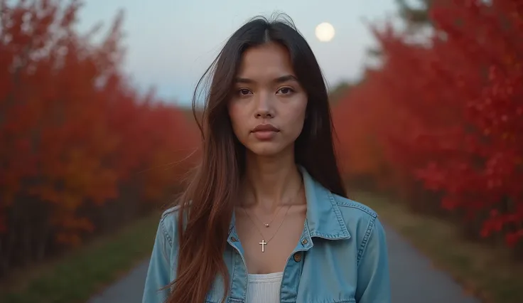 (photorealism:1.2), "A young woman with long, straight brown hair stands on a quiet path surrounded by vivid red foliage, under a serene evening sky with the moon visible in the distance. She wears a light blue jacket , and her peaceful expression reflects...