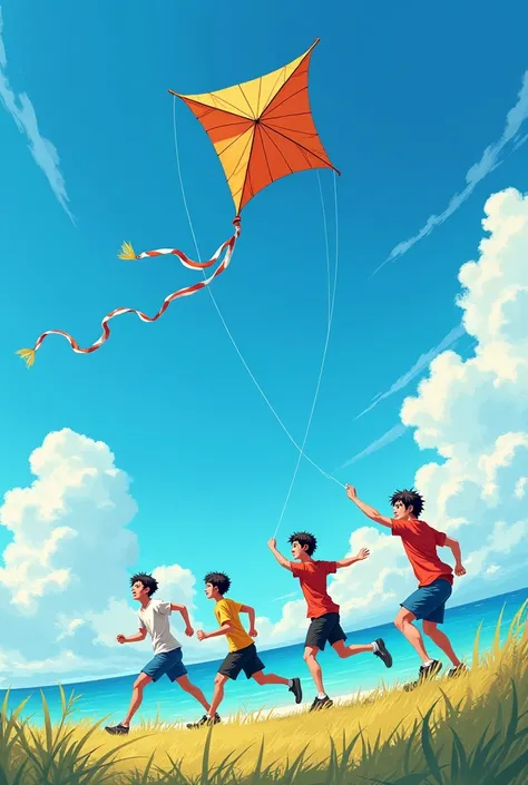 Anime, men are kicking a kite