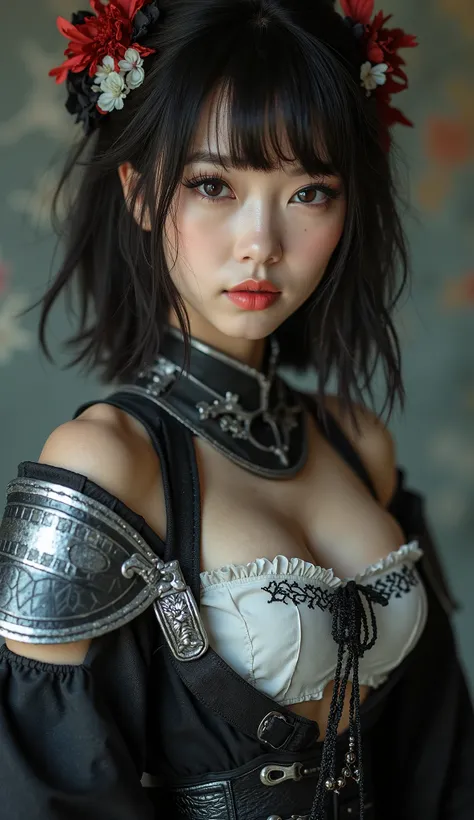  Very beautiful 25 year old Japanese woman  , Medium short hair, sexy, Muscular and firm legs and ass ,  dressed gothic with black and silver armor in nanotechnology,  female singer with geisha makeup , long legs, Cameltoe,  perspective , Relationship diag...