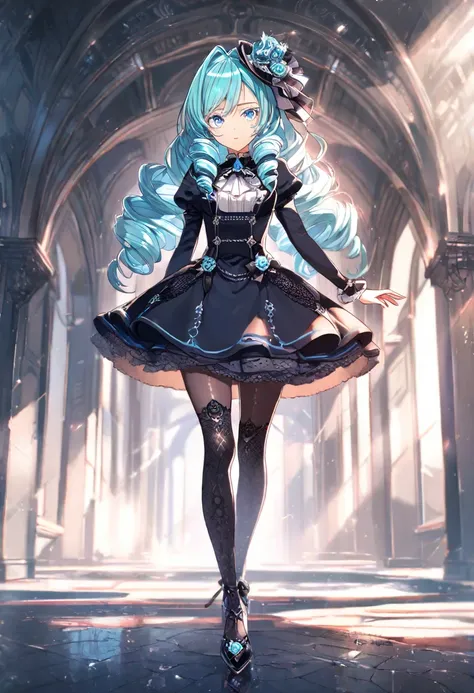 1 girle, Age 15, long hair, drill hair, Mint Cream Hair, Light Blue Eyes, Beautifully drawn lashes are long, full body, gothic clothing, High Heels, Anime, Masterpiece, UHD, retina, masterpiece, accurate, anatomically correct, textured skin, super detail, ...