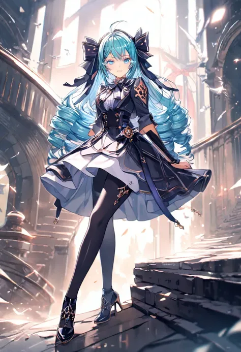 1 girle, Age 15, long hair, drill hair, Mint Cream Hair, Light Blue Eyes, Beautifully drawn lashes are long, full body, gothic clothing, High Heels, Anime, Masterpiece, UHD, retina, masterpiece, accurate, anatomically correct, textured skin, super detail, ...