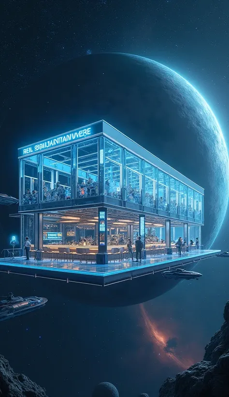 A futuristic glass restaurant floating in deep space, surrounded by stars, nebulae, and distant galaxies. The structure is sleek and transparent, with glowing neon-blue framework and holographic signage in an alien language. Spaceships are seen docking nea...