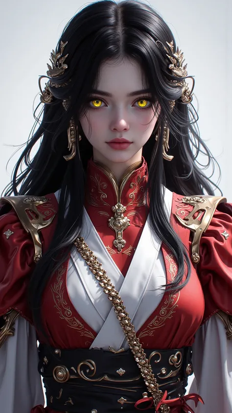  A beautifully detailed 8K illustration ， depicting a person wearing a gorgeous medieval costume、 with long black hair ，Styled for Sinozick ， 32k HD 。Colorful ， with chromecore element ， and flat tone 。 Character with yellow eyes ，The expression was seriou...