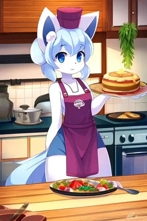 "An adorable female Alolan Vulpix dressed as a chef, wearing a stylish chef's hat and apron, standing in a cozy kitchen filled with culinary tools and decorations, digital art in anime style, highly detailed and with vibrant colors."
