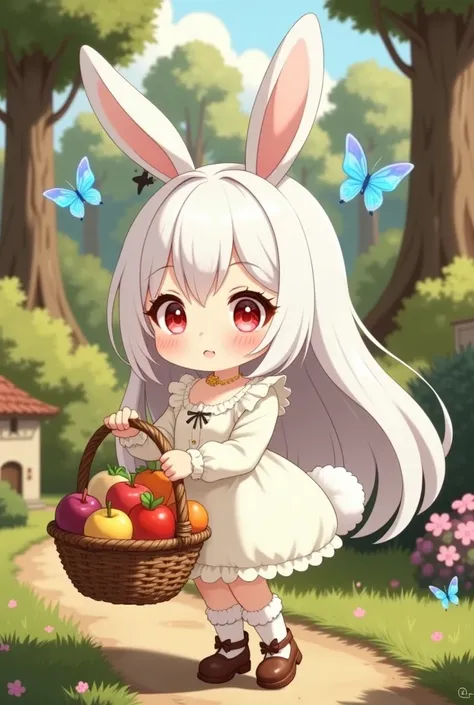 chibi, cute fluffy bunny girl\(very long hair,white hair,(big back hair-ribbon),bunny-tail,white fluffy bunny-ears,big closed eyes,details of eyes,fluffy white gothic dress with gold accent),smile,she has one brown basket with a lot of beautiful and colorf...