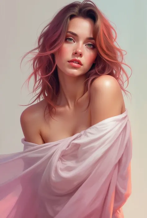 Digital painting with a realistic style, featuring a woman as the central subject. The layout is a portrait orientation, focusing on the upper body and face of the woman. The woman is looking at the camera, she has green eyes and has light skin and her fac...