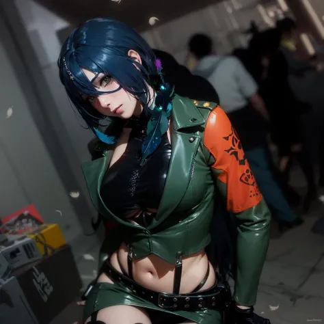 araffe cosplaying in a green leather outfit with a red and black top, anime girl cosplay, cosplay, anime cosplay, professional cosplay, tatsumaki from one punch man, cosplayer, ayaka cosplay, revy from black lagoon, female cyberpunk anime girl, full-cospla...