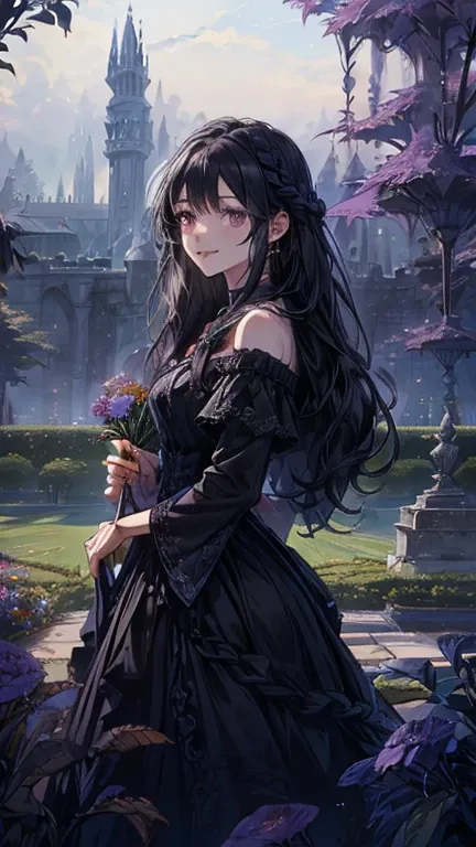    long black hair braided on one side   。  dark purple eyes 
Scene of taking care of flowers in the castle's beautiful garden。 she has a gentle smile 、 The black hair is flowing gracefully 。 wears a gorgeous dress 、Colorful flowers around々Blooming in prof...