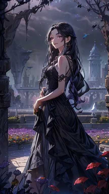    long black hair braided on one side   。  dark purple eyes 
Scene of taking care of flowers in the castle's beautiful garden。 she has a gentle smile 、 The black hair is flowing gracefully 。 wears a gorgeous dress 、Colorful flowers around々Blooming in prof...