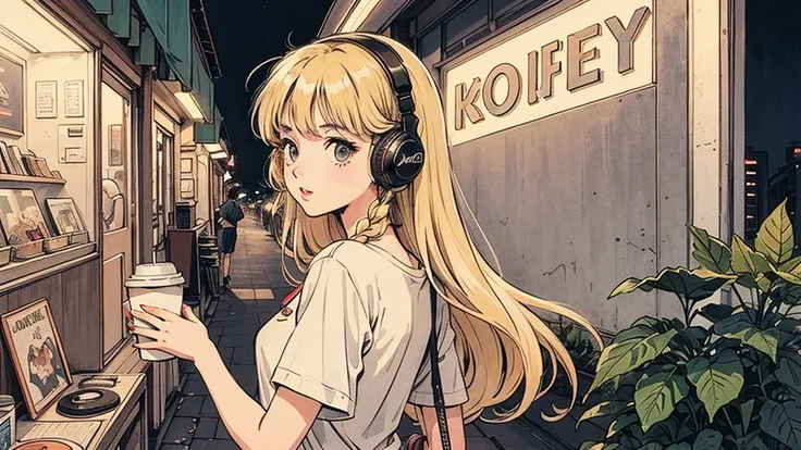 1 person,   Blonde Long Hair ,   I'm studying 80s anime style , I have headphones on,  holding coffee in hand, Retro,  lo-fi, night view, Records lined up,Stylish lighting, Wearing a short-sleeved T-shirt, An up of a woman's face seen from the front ,  loo...