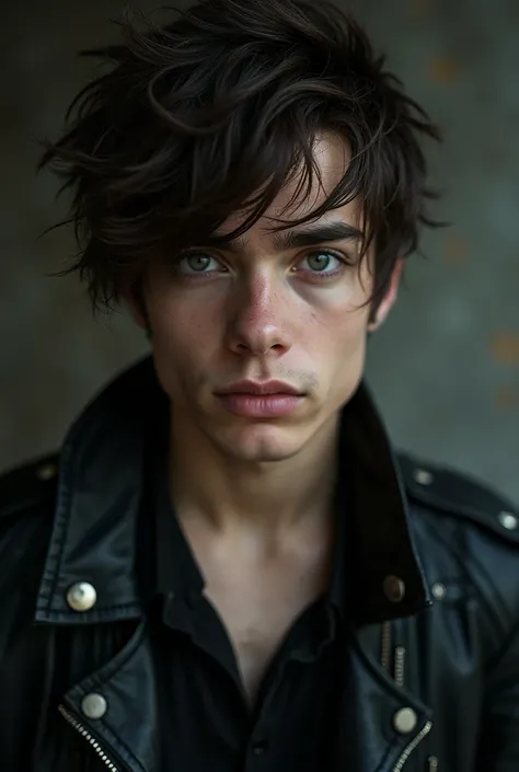 Young man gray eye messy dark brown hair black leather clothes