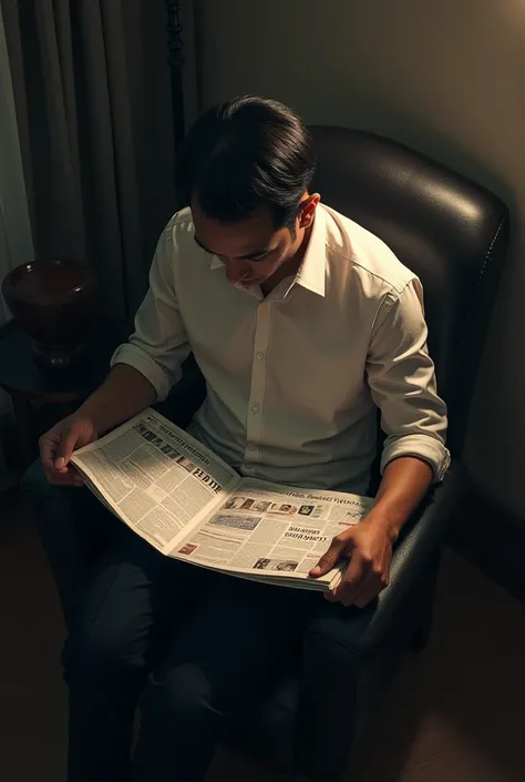 A scene where a man in 、 scene of a man with a two-block hairstyle sitting on a chair and reading a newspaper。High resolution style with realistic head and body、Expressed by dramatic lighting with light shining on the face。Bird's-eye view composition with ...